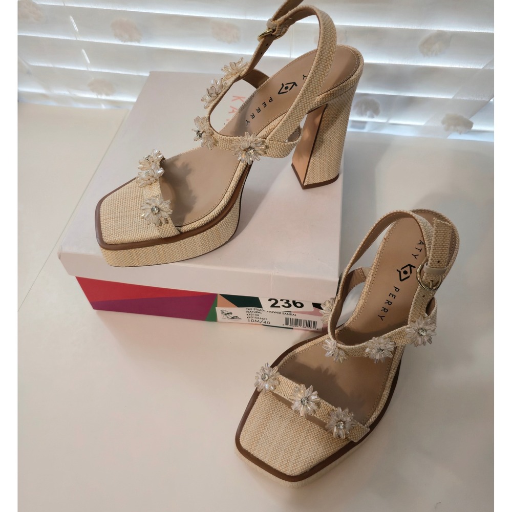 Katy Perry The Steady Flower Sandal Natural Raffia Platform Block Heel 10M